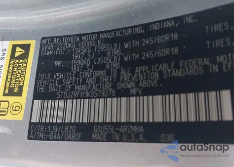 2019 Toyota Highlander Xle z USA, uszkodzony, nr VIN 5TDJZRFH1KS579270